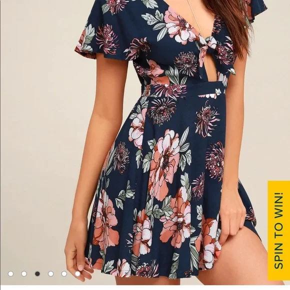 blue puff sleeve babydoll dress Blue Floral Skater Dress Short Sleeve Ruched main image 1